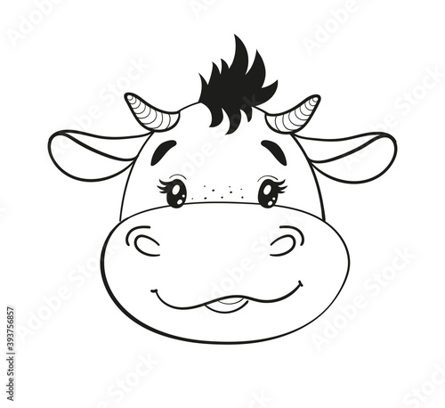 Cute cartoon baby bull, line drawing. Bull cub head, symbol of 2021, clip-art with animal on white background. Stock vector illustration. Happy New Year 2021 of the Ox, Taurus