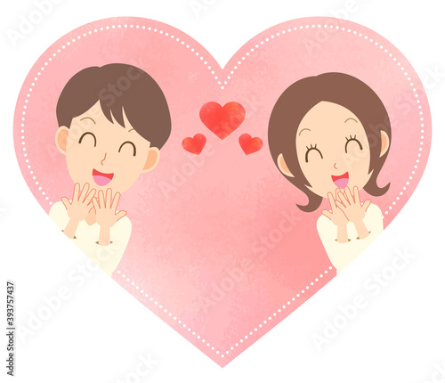 仲良しな若い男女とハートフレーム【ベクターイラスト素材】　