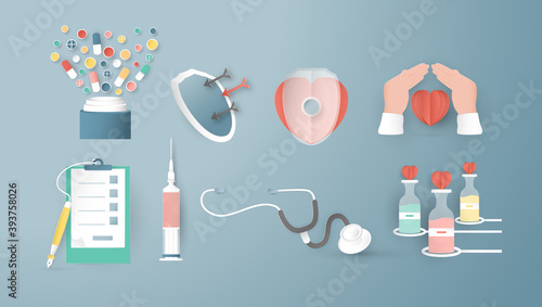 Decoration elements for health insurance. Art Craft in 3D paper cut style.