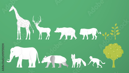 Wildlife animals. Minimalism deign in paper cut and craft style. Art digitalcraft for world environment day.