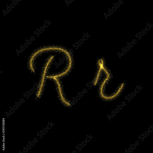Gold glitter letter R, star sparkle trail font