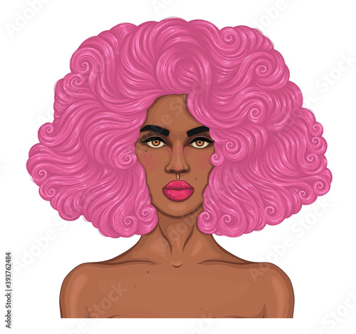 Vector portrait African woman with lush curly hairstyle. Pink wavy hair.  Fashionable model with clean healthy skin. Close-up Attractive girl with bare shoulders. Design Fashion illustration 