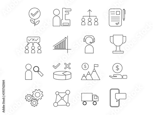 Business and Corporate Grooming Icon Set Vector Templates indicating idea, investment, recruitment, support, achievement, advertizing and others. Line Style Icon Package