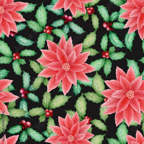 Christmas seamless pattern with watercolor hand painted holly and poinsettia
