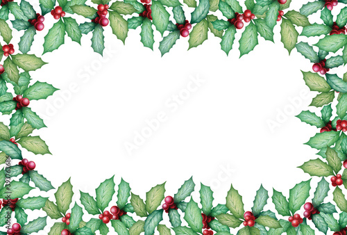 Merry Christmas illustration with watercolor hand drawn holly plant frame isolated on white background. Christmas decoration design for invitation, posters, greeting card