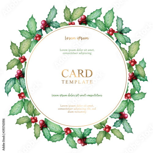 Watercolor Illustration with hand drawn round floral wreath from green holly leaves isolated on white background. Christmas design frame for invitation, greeting card, poster