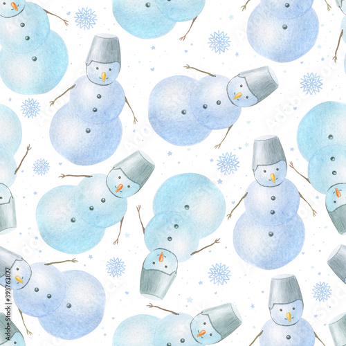 Winter seamless watercolor pattern with hand drawn cute snowmen and snowflakes isolated on white background. Illustration for print, card, invitation, wallpaper, fabric, home decor