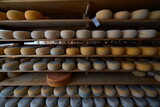 Cheese factory production shelves with aging old cheese