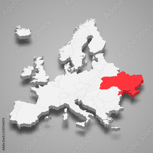 Ukraine country location within Europe 3d map