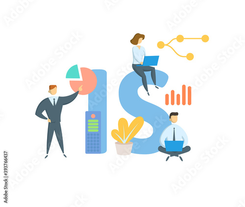 IS, Information Systems. Concept with keywords, people and icons. Flat vector illustration. Isolated on white background.