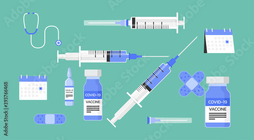 set of medical icon with stethoscope, plaster, vaccine, syringe with needle shot for injection, vial of medicine for coronavirus or COVID-19, vector flat illustration