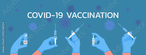 COVID-19 vaccination concept, medical flu shot of doctor hands wearing glove holding syringe with needle and ampoules vaccine for the treatment of influenza coronavirus, vector flat illustration