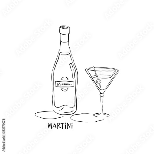 Bottle and glass martini in hand drawn style. Restaurant illustration for celebration design. Retro sketch. Line art. Design element. Beverage outline icon. Isolated on white background