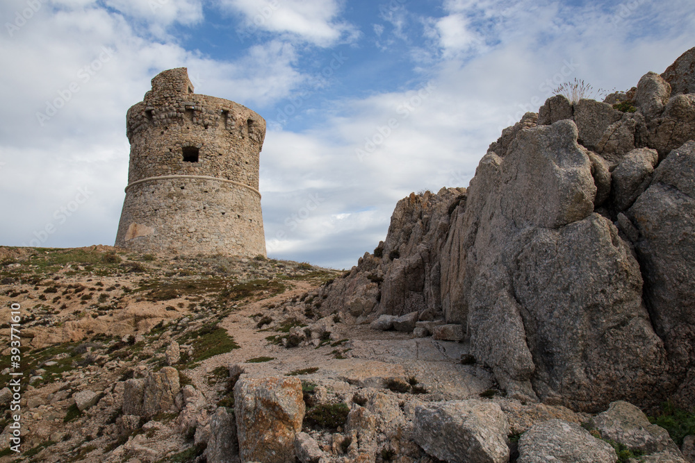 Ancient Stone Tower of Omigna near the Village of Cargèse on the island of Corsica, France