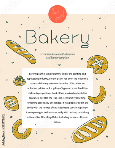 Home bakeshop flyer with vector hand-drawn icons of bread in warm ochre tints. Fresh bread for Bakehouse poster with color illustrations of breadstick, baguette, bagel for label, bakery banner design.