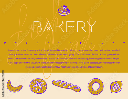 Home bakeshop flyer with vector hand-drawn icons of bread in warm ochre tints. Fresh bread for Bakehouse poster with color illustrations of breadstick, baguette, bagel for label, bakery banner design.