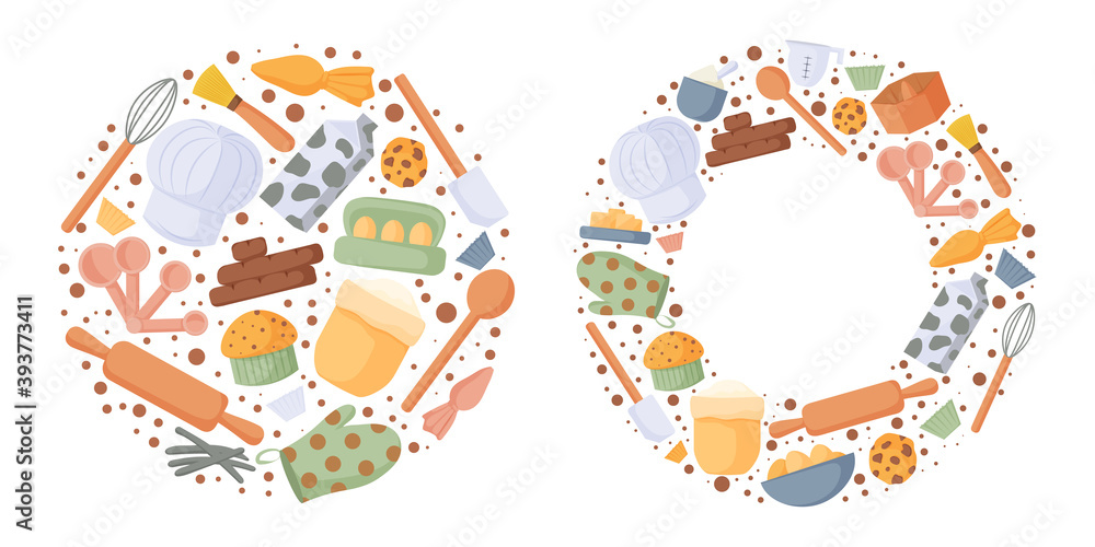 Collection of round wreaths with confectionery tools and elements. Retro design for menu, logo, packaging, poster, banner, print. Vector illustration.