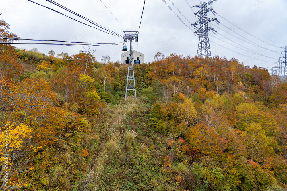 View of mountains and valleys from the Dragondola (Naeba-Tashiro Gondola) in autumn foliage season. Longest aerial gondola lift line in Japan. Naeba, Yuzawa, Niigata Prefecture, Japan.