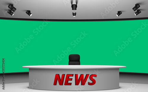 white table and chair in news studio room with the green background