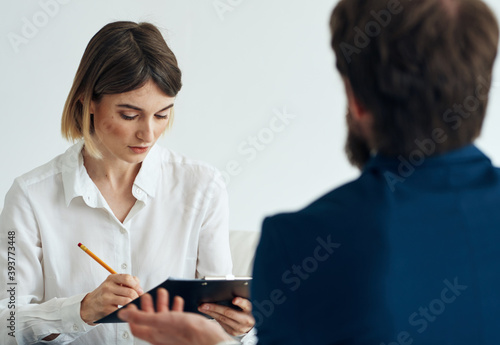 job resume woman and man suit documents communication people