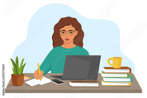 Young woman working at home with laptop at the desk. Concept of studying at home, remote work, freelance. Vector illustration.