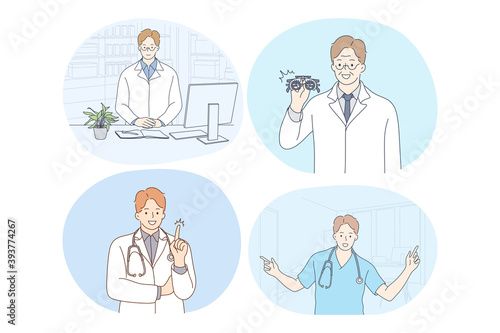 Doctor, medicine, healthcare, therapist, medicare, clinic concept. Young smiling men doctors in white uniform cartoon characters consulting patients, having idea, enjoying work, showing equipment