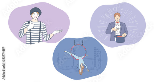 Circus, performance, clown, show, entertainment concept. People clown, magician with hat and woman air gymnast cartoon characters making performance in circus during show. Leisure, art, performer 