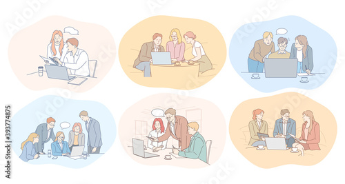 Negotiations, teamwork, brainstorming, collaboration, business, development, success concept. Young business people partners coworkers cartoon characters discussing projects in office together