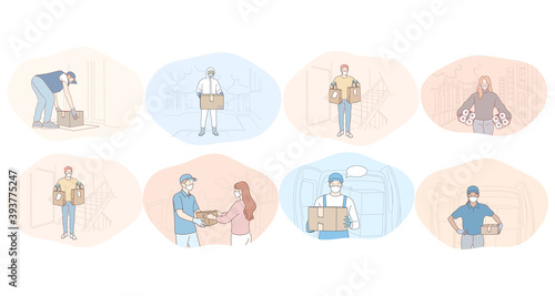 Contactless delivery, courier, online order, purchase, logistics, protection during epidemic concept. People couriers in protective medical masks delivering orders in boxes to customers at home