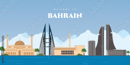 Great panoramic city landscape of Bahrain. Manama skyline with colorful buildings landmark. Welcome to Bahrain postcard. Travel and journey concept of Islamic country. Vector illustration