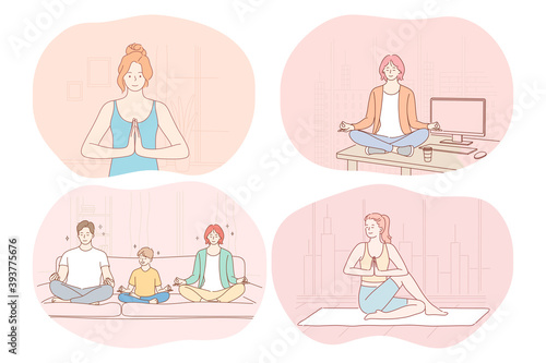 Yoga, relaxation, meditation, healthy active sport lifestyle concept. Young people families, men, women practicing yoga and meditating at home or in office during break. Fitness, relax, harmony, peace