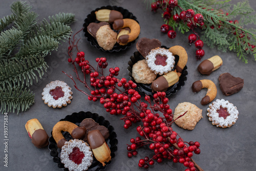 Traditional home made German Christmas Cookies on a festive table