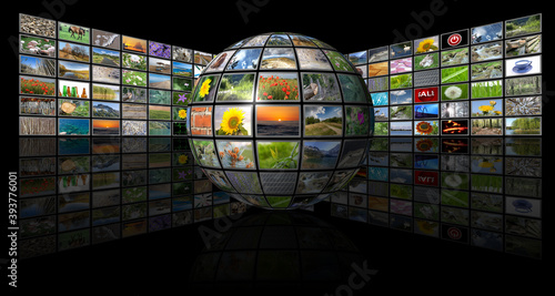 Multimedia concept illustration with media globe on white background