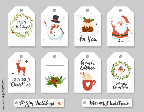 Christmas tags with wearth, Santa, snowman and deer. Vector winter labels collection.