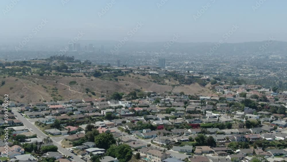 Smoggy Los Angeles Sky From Baldwin Hills Aerial Shot Descend California USA Smoggy Los Angeles Sky From Baldwin Hills Aerial Shot Descend California USA