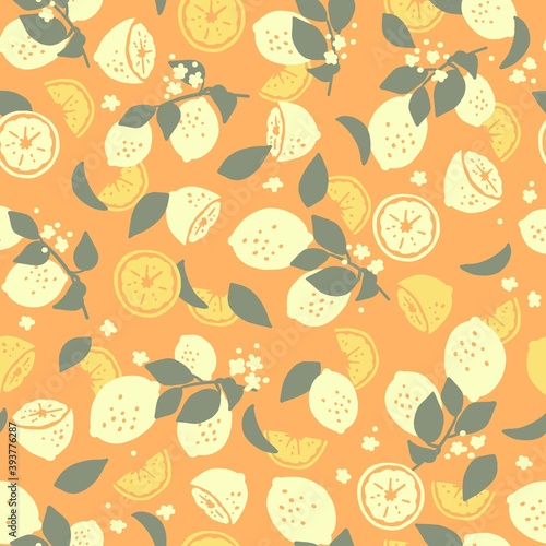Fototapeta Naklejka Na Ścianę i Meble -  Cute Abstract Summer Citrus Lemon Tree Branch Vector Illustration Seamless Pattern