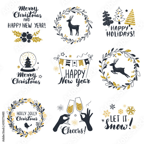 Merry Christmas and  Happy New Year labels. Vector stickers, emblems with calligraphy text. Perfect for banners, greeting cards, gift tags.