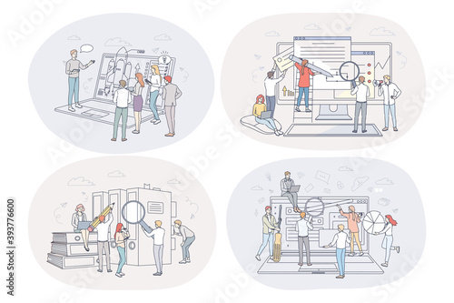 Finance, analytics, marketing, development, teamwork, business concept. People business partners workers analysing financial data and information statistics and discussing projects together in office