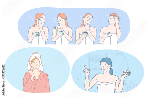 Beauty, cosmetics, make up, skincare, wellness concept. Young smiling women cartoon characters using face cream, lotion, peeling, facial mask and moisturiser for everyday use. Dermatology, cosmetology