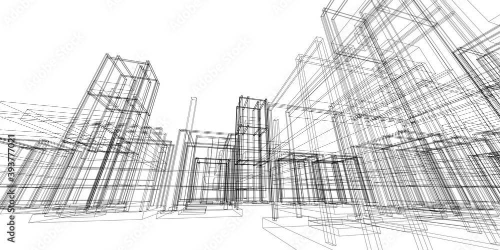 Fototapeta premium Abstract 3D building wireframe structure. Illustration construction graphic idea , Architectural sketch idea.