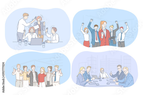 Success, agreement, business, negotiations, teamwork concept. Happy young business people partners cartoon characters showing thumb up sign after successful meeting, discussing business development 