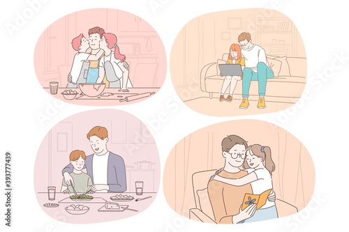 Family care, fatherhood, childhood, reading, leisure concept. Man father daddy coach parent playing with son and daughter reading eating cooking drawing together. Fathers day, love, care, dad 