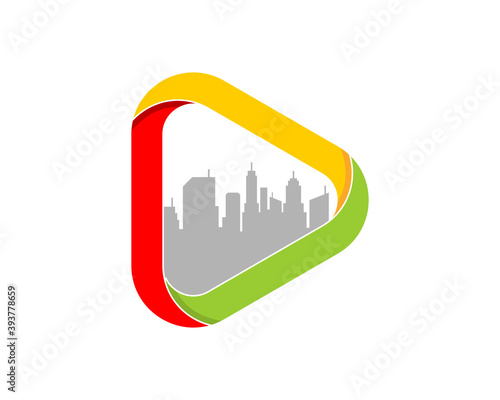 Media play button with city building inside