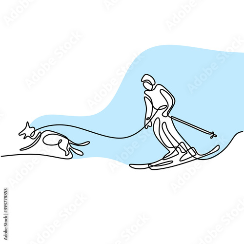 One single line drawing young sporty man playing ski ice. Young sporty energetic male on skis is pulled by a dog isolated on white background. Winter lifestyle and extreme sport concept photo