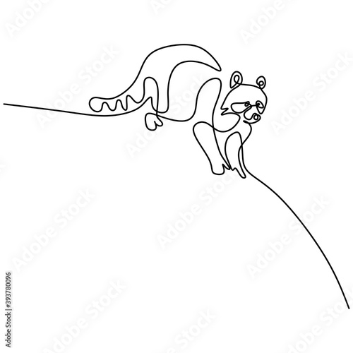 Raccoon one continuous line drawing. Funny raccoon animal mascot concept for national conservation park icon isolated on white background. Winter animal hand-drawn minimalism design