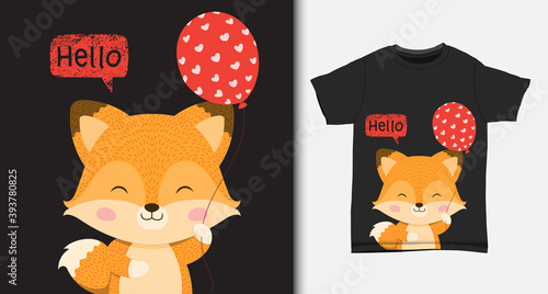 Cute little foxy holding a balloon illustration. with t-shirt design.