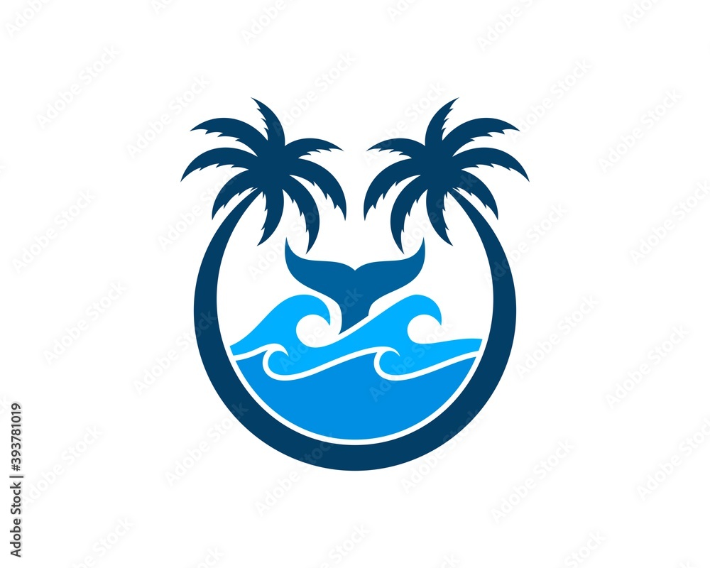 Circular palm tree with beach wave and whale tail