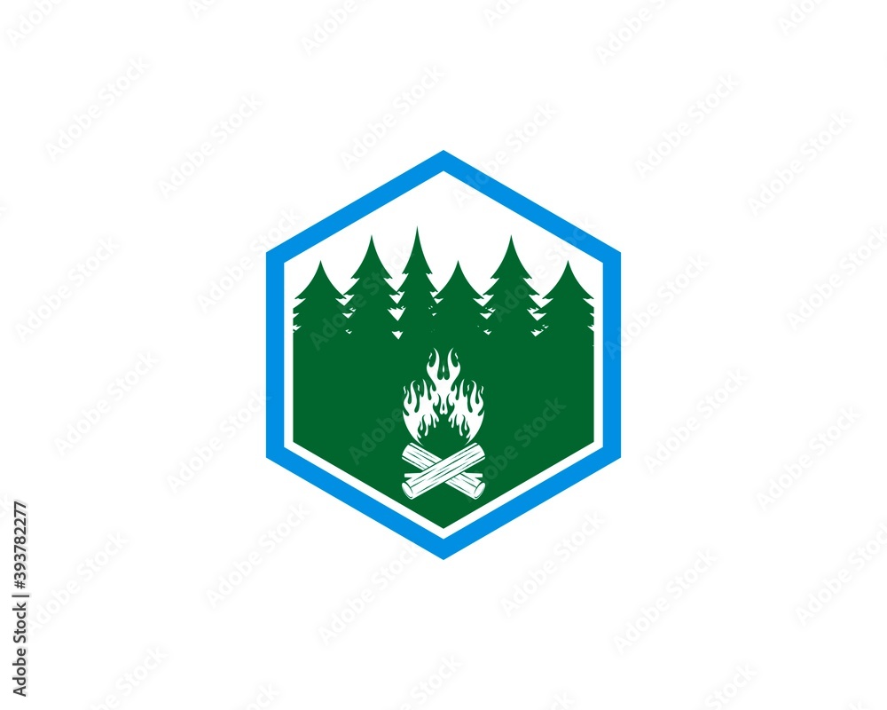 Hexagonal shape with pine forest and bonfire