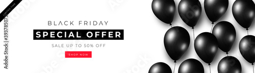 Black Friday white banner with black balloons