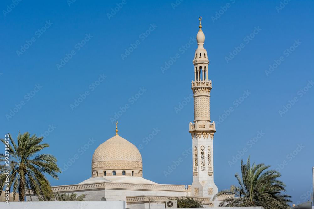 Fototapeta premium The dome and minaret of Maharba mosque and palm tree against blue sky in Dubai, United Arab Emirates.